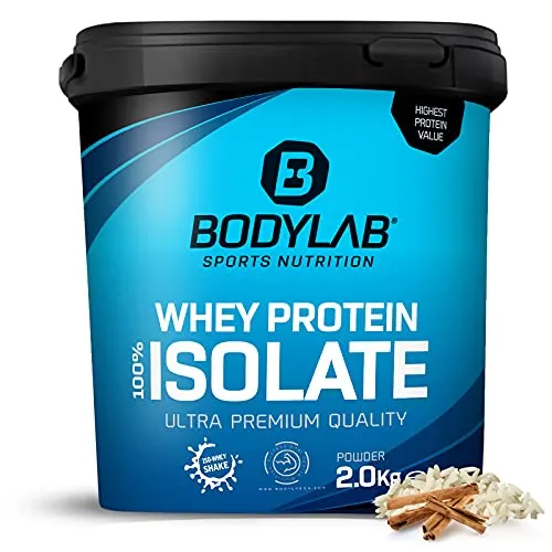 Whey Protein Isolate 2kg Milchreis-Zimt Bodylab24 - Molkenproteine mit 89% Eiweißgehalt, ideal für Muskelaufbau und Definition, frei von Aspartam und mit perfekter Löslichkeit in Milch und Wasser.