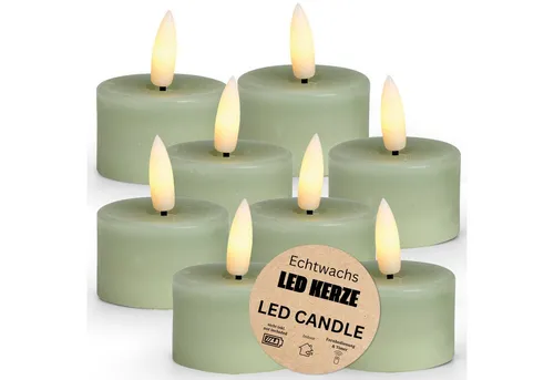matches21 HOME & HOBBY LED-Kerze LED Teelichter 8er Set Wachs, Elektrische flackernde Kerze, Salbei (8-tlg), Echtwachskerze praktisch mit Timerfunktion