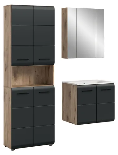 xonox Badezimmer Ice 3 tlg. Badkombination - Moderne Badmöbelset mit Spiegelschrank, Waschtisch und Hochschrank, kratzfest und wasserabweisend für langlebige Nutzung im Badezimmer.
