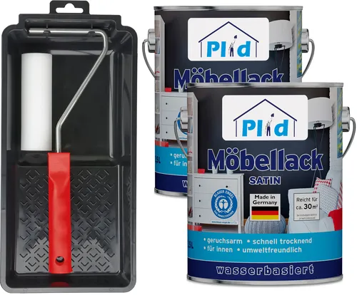 Möbellack Set 2,5L Weiß Satin - Schnelltrocknender Acryllack - Lacke für Holz und Metall, schnelltrocknend mit hoher Abdeckung von 60-70 m². Ideal für Möbel und Spielzeug, umweltfreundlich mit Blauer Engel Zertifizierung.