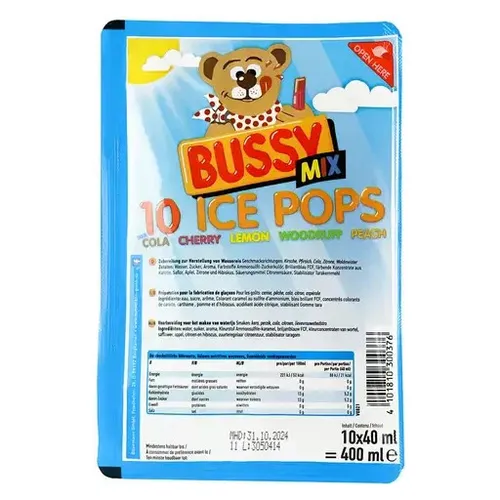 Bussy Wassereis Ice Pop Mix 10 Stück - Wassereis-Genuss in 10 erfrischenden Sorten, perfekt für heiße Sommertage und Kinderpartys!