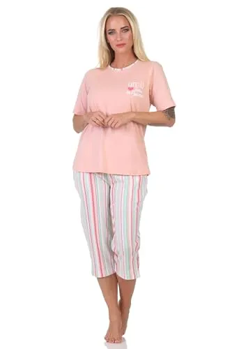 Normann Damen Capri Schlafanzug Kurzarm Pyjama in edler Streifenoptik - auch in Übergröße, Farbe:apricot, Größe:36-38