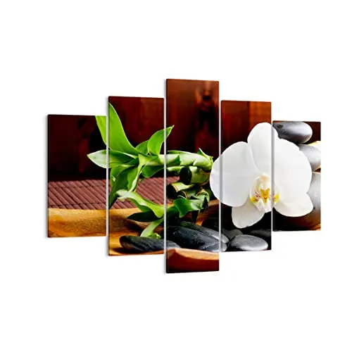 Bilder auf Leinwand 150x100cm Leinwandbild Bambus Schönheit Dekoration Blume Groß XXL Wanddeko Bild Schlafzimmer Set 5 teilige Wandbilder Dekoration Wohnzimmer Canvas Kunstdruck Art EA150x100-2166
