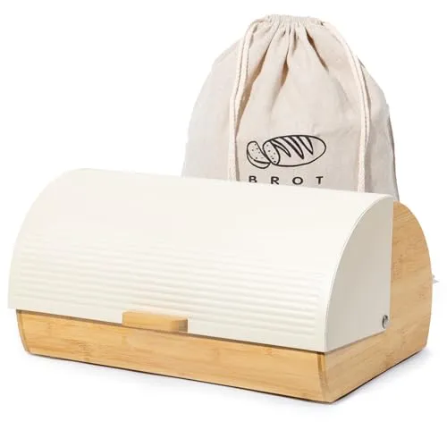 GREELUE Brotkasten Metall Holz, Brotbox Schwarz, Brot Aufbewahrungsbox groß, Brotkorb mit Deckel, Bread Box Küche, Brotbeutel (Beige-39cm)
