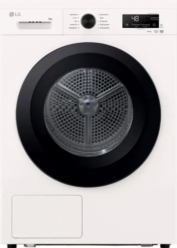 LG Wärmepumpentrockner RT80B3C – Energieeffizienz C - Hochwertiger Wärmepumpentrockner in elegantem Weiß mit 8 kg Kapazität. Effizient und leise bei nur 64 dB, ideal für den täglichen Einsatz.