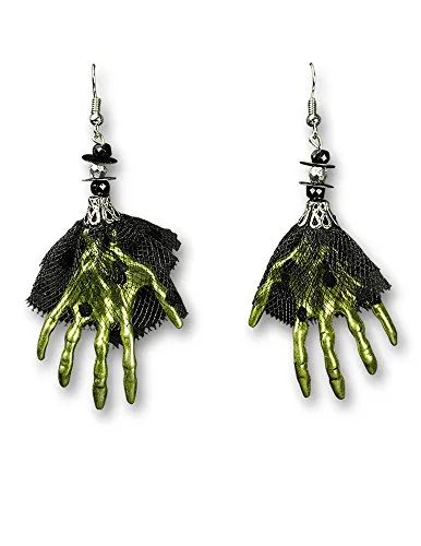Ohrringe mit grünen Skeletthänden - Schmuck zu Geister Grusel Halloween Kostümen