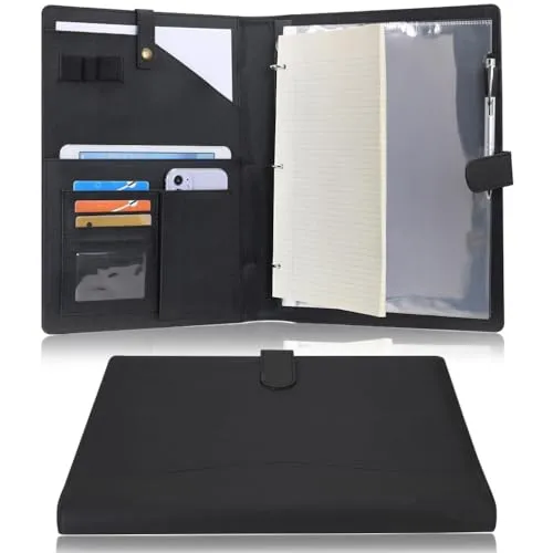 Wonderpool A4 Leder Schreibmappen Portfolio Dokumenten Halter Ringbuch Herausnehmbar Klemmbrett mit Multifach Aschen und Legal/Breit Liniert Pad für Business Organisatoren Konferenz (Schwarz)