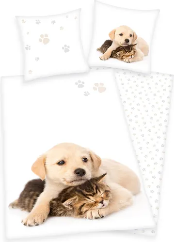 Klaus Herding GmbH Bettwäsche Set Hund und Katze 2-tlg. 135 x 200 cm - Bettwaren-Set für Kinder mit liebevollem Hund- und Katzenmotiv, sorgt für süße Träume und ein gemütliches Kinderzimmer.