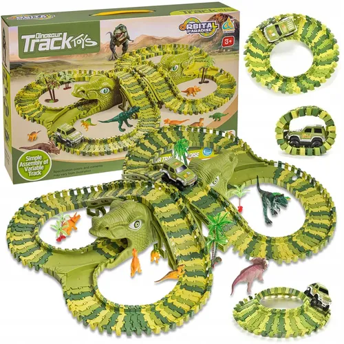Dinosaurier Rennbahn-Set mit 200 Teilen, Auto, Tunnel und Brücke
