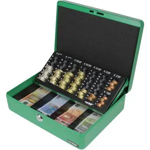 HMF Geldkassette 10015 06 - Card-Reader mit Zylinderschloss, ideal zur sicheren Aufbewahrung von Münzen und Geldscheinen, inklusive Münzzählbrett und herausnehmbaren Fächern für zusätzliche Flexibilität.