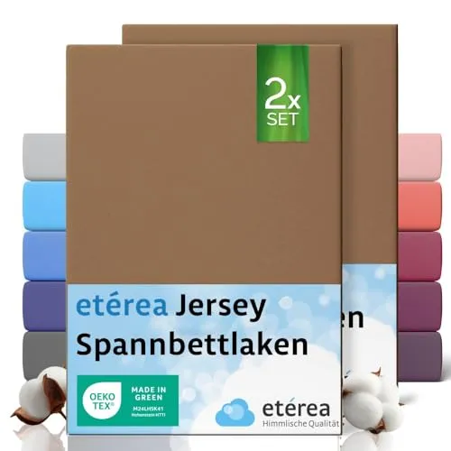 etérea Jersey 2er Set Spannbettlaken 180x200cm - 200x200cm Mokka bis 25 cm Höhe - 100% Baumwolle Spannbetttuch Oekotex - Doppelpack Bettlaken 180x200 cm - 200x200 cm - Braun