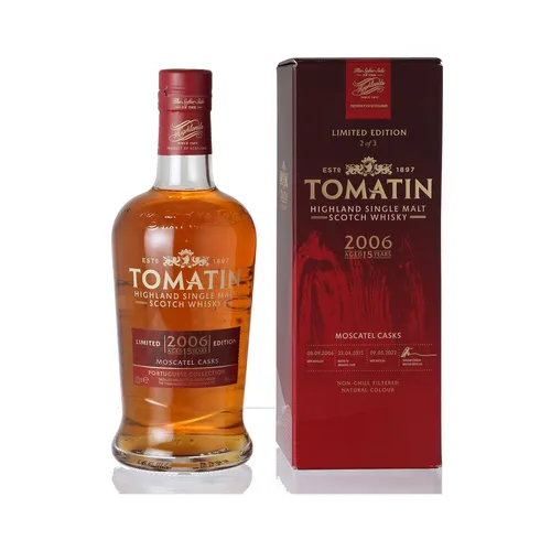 Tomatin 15 Jahre - 2006 - Portuguese Collection - Moscatel Casks - Whisky mit 46,0% Vol., ungefiltert und ungefärbt, gereift in Moscatel-Fässern, begeistert mit Aromen von Marmelade, Honig und Zitrus.