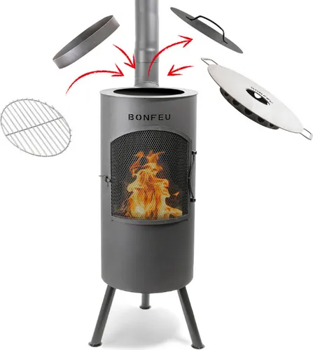 BonFeu BonTino Schwarz - Terrassenofen - Feuerstelle mit Funkenschutz für entspannte Abende - Feuersäule Outdoor - Terrassenkamin mit Grillrost - Gartenofen aus hochwertigem Stahl - 35x35x153cm