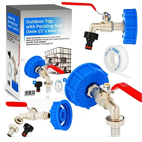 Wasserhahn Auslaufhahn IBC Container Tank Verbinder Adapter Deckel 2 x 1/2 Zapfhahn Kugelhahn Schlauchanschluss Hahnverbinder Messing Auslaufventil Regentonne Regenwassertank