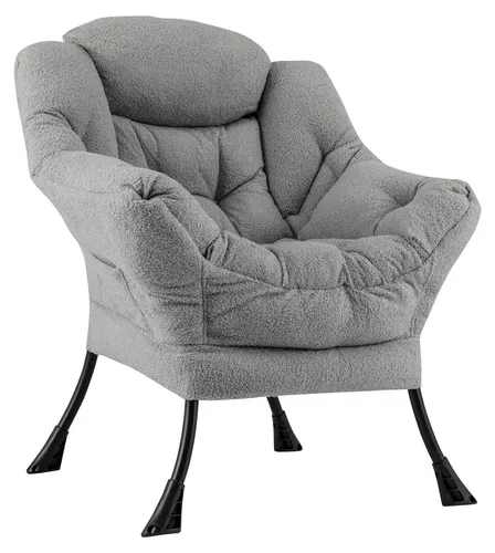 COSTWAY gepolsterter Relaxsessel mit Armlehnen und Seitentasche – Loungesessel in Grau - Ergonomischer Relaxsessel mit bequemer Rückenlehne und weicher Sherpa-Polsterung. Ideal zum Lesen, Spielen oder Entspannen. Robuster Metallrahmen und praktische Seitentasche für kleine Gegenstände.