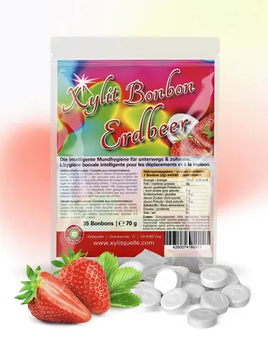 70g Xylit Birkenzucker Bonbons ERDBEER | 100% mit Xylit gesüsst | 35 Bonbons
