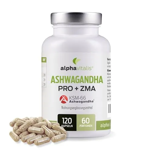 Ashwagandha Kapseln aus KSM-66® und ZMA für Sportler - 700 mg pro Tagesdosis + Zink, Magnesium Vitamin B6-120 Stk. - 2 Monatsvorrat Schlafbeere ohne Zusätze von Alphavitalis