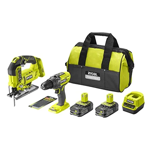 RYOBI One+ Duo Schlagbohrmaschine + Stichsäge, kabellos, 18 V – RCK182B-225SA6 – 2 Akkus 2,5 Ah – 6 Klingen – Aufbewahrungstasche