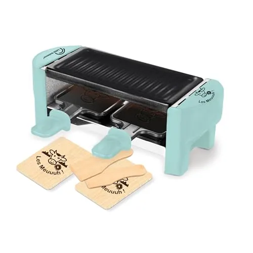 LITTLE BALANCE 8617 Raclette 2 Meuuh…!, Raclette 1/2 Personen, abnehmbarer Grill, 2 Spatel + 2 Bretter, Antihaftbeschichtung, 1 oder 2 Personen, 320 W, hellblau