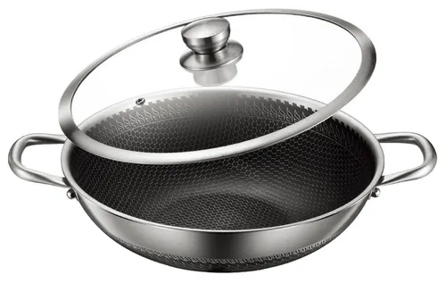 Rungassi Wok Wok Pfanne Wokpfanne Glasdeckel Ø36 Edelstahl Antihaftbeschichtung, Edelstahl