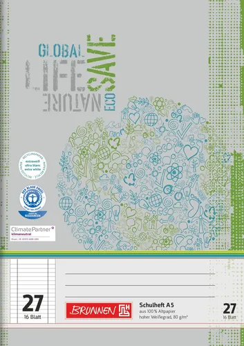 Brunnen Schulheft A5 Lineatur 27, 16Blatt, Recyclingpapier,