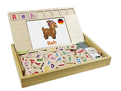 Lexibook, Bio Toys, Wortschule, Zweisprachig deutsch/englisch, Holzspiel, 50 Wortkarten, Alphabet, Lernspiel, EDU100i3