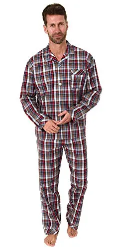 Edler Herren Pyjama Langarm Schlafanzug gewebt zum Knöpfen im Karo Design - 65344, Farbe:rot, Größe:48