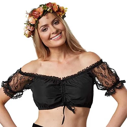 dressforfun Dirndlbluse schwarz, Kurzarm Bluse Damen, Trachtenbluse, Dirndl Bluse gerafft mit Puffärmeln, Spitze und Carmen Ausschnitt, Trachten Damen Mode