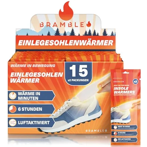 Bramble – Fußsohlenwärmer (15 Paar, 30 insgesamt) – Vollflächige Fußwärmsohlen für Schuhe und Stiefel – Luftaktiviert und geruchsfrei – Bis zu 10 Stunden Wärme