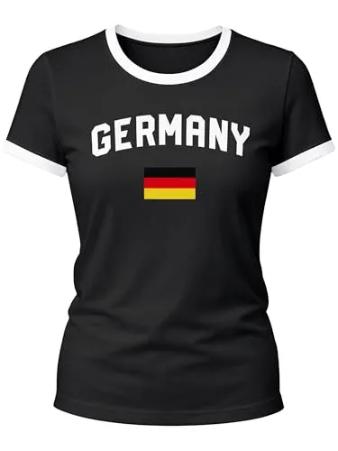 MoonWorks® Damen Deutschland Fan-Shirt T-Shirt Fußball WM EM Retro Fan-Trikot Germany Schwarz-Weiss L - Stylisches Damen T-Shirt zur WM 2026 mit 'Germany'-Schriftzug und Deutschland-Flagge. Das weiche Material aus 100% Baumwolle sorgt für hohen Tragekomfort. Entdecken Sie auch weitere coole Fanshirts in unserem Händlershop!