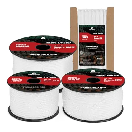 Kamu Synber Paracord 3mm x 30m Paracord 425 100% Nylon Seil Typ II Schnüre mit 3 Kern für Basteln, Outdoor, Camping, Survival | Tragkraft 192kg | Weiß