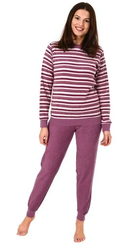 RELAX by Normann Damen Pyjama Frottee Schlafanzug mit Bündchen - Streifenoptik in Beere 44/46 - Bequemer Frottee Schlafanzug für Damen in modischer Streifenoptik. Ideal für entspannte Nächte, mit Rundhalsausschnitt und langen Ärmeln. Pflegeleicht und angenehm zu tragen.