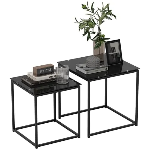 HOMCOM Beistelltisch 2er-Set – Elegante Kaffeetische mit Glastischplatte - Beistelltische fürs Wohnzimmer, stapelbar für platzsparende Aufbewahrung. Tischplatte aus gehärtetem Glas für einen stilvollen Look und stabiler Stahlrahmen für sicheren Stand.