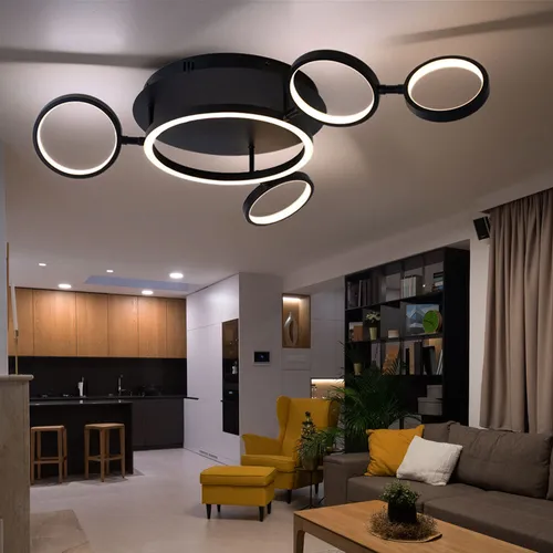 Moderne Deckenlampe schwarz LED mit verstellbaren Ringen - Lampen – Stilvolle Deckenleuchte aus schwarzem Metall, mit fünf drehbaren Ringen und warmweißem Licht (3000K), ideal für eine gemütliche Atmosphäre in jedem Raum.