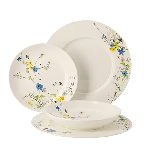 Rosenthal Brillance Fleurs des Alpes Set 4-tlg. - Elegantes Tafelservice - Tafelservice aus hochwertigem Bone China, inklusive 2 Speiseteller und 2 Suppenteller, ideal für festliche Anlässe und exquisite Tischdekoration.
