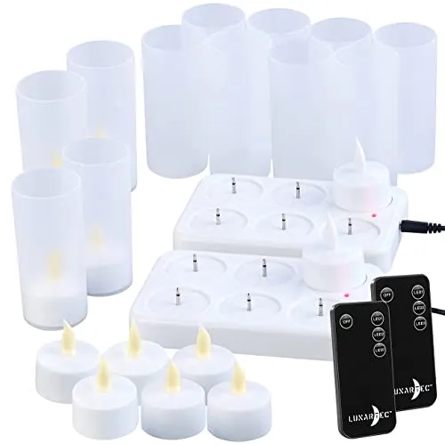 Lunartec LED Teelicht aufladbar: 12er-Set Akku-LED-Teelichter mit Ladestation, Fernbedienung, 15 Std. (zum Aufladen, mit Kunststoffgläser, wiederaufladbar)