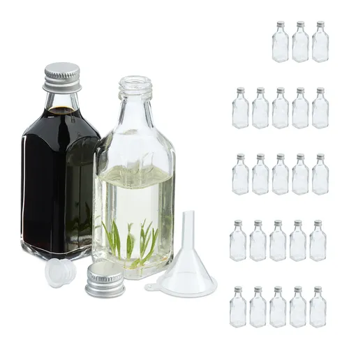relaxdays Vorratsglas Set 25 kleine Flaschen 50 ml - Vorratsgläser für Liköre und Öle, auslaufsicher mit Korken und Schraubverschluss, ideal zum Verschenken und Präsentieren, inklusive Trichter für einfaches Befüllen.
