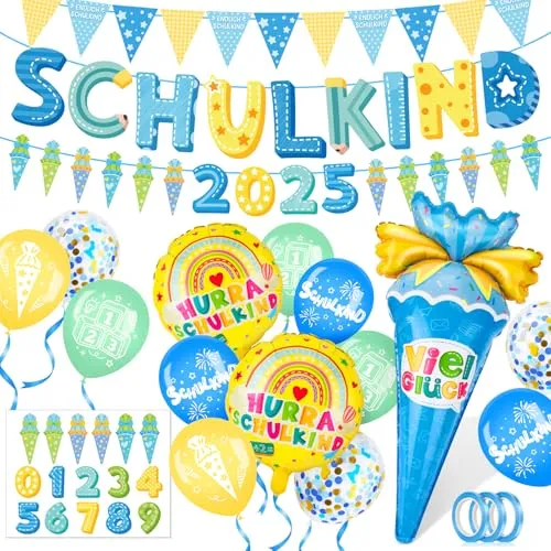 Elidepe Einschulung Junge, Einschulung Deko, Schulkind 2025 Junge Deko, Schulkind Schulanfang Deko, Schulkind & Zuckertüten Folienballon + Papierwimpel + Girlande + Zuckertüte ABC 123 Luftballons