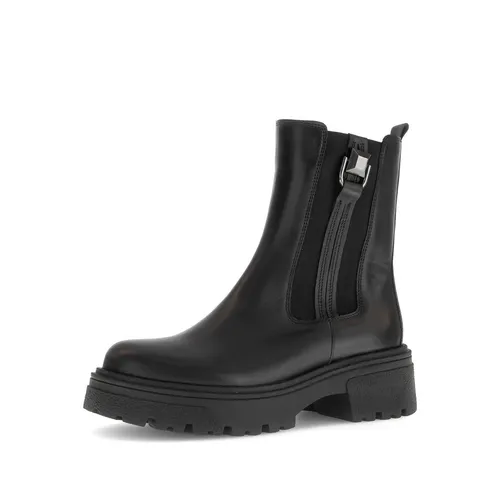 Gabor Damen Chelsea Boots – Elegante Stiefeletten in Schwarz - Stilvolle Chelsea Boots für Damen, ideal für den Übergang. Aus hochwertigem Lackmaterial mit flachem Absatz und bequemem Flauschfutter. Perfekt für jeden Anlass!