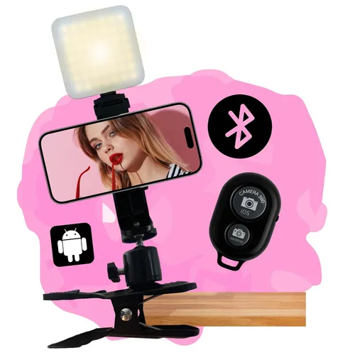 Tischhalterung für Smartphones mit LED Lampe und Selfie Auslöser - Praktische Clip-Halterung für Smartphones, ideal für Schreibtisch und unterwegs. Flexibel einstellbar, bietet sie optimale Beleuchtung für perfekte Selfies.