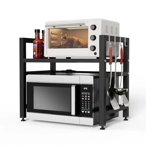 HMAKGG Mikrowellenregal Erweiterbarer, 2-Stufig Mikrowellen Regal Ausziehbar Schwarz, 32/42cm Höhenverstellbare & 40-60cm Ausziehbare, küchenregal stehend Inkl. 4 Haken, Microwave Shelf