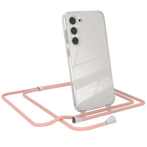 EAZY CASE - Handykette kompatibel mit Samsung Galaxy S23 Plus Kette zum Umhängen für Samsung Galaxy S23 Plus Hülle mit Band aus Silikon transparente Handyhülle als Fallschutz in Alt Rosa Clips Silber
