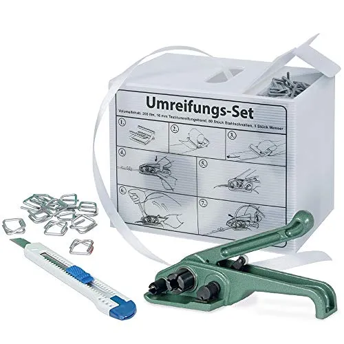 BRB Mobiles Umreifungs Komplett-Set mit 200 m Polyesterband - Praktisches Set für die Materialbeförderung: 200 m reißfestes Polyesterband, 16 mm breit, inklusive 80 Verschlussklammern, Cuttermesser und Band-Spanngerät. Ideal für den flexiblen Einsatz auf Messen und im Transport.