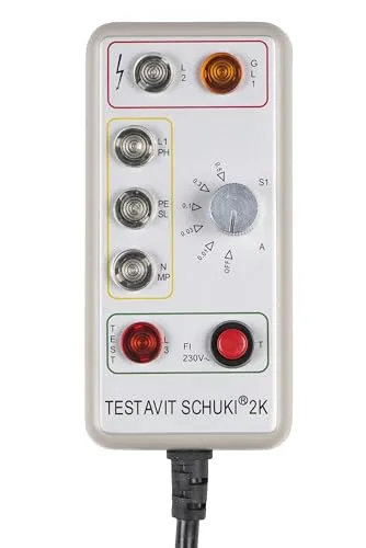 Testavit Schuki 2K Steckdosenprüfgerät - Bandspulen: Kompaktes Prüfgerät mit FI-Test und einstellbarem Nennfehlerstrom für maximale Sicherheit bei der Steckdosenüberprüfung.