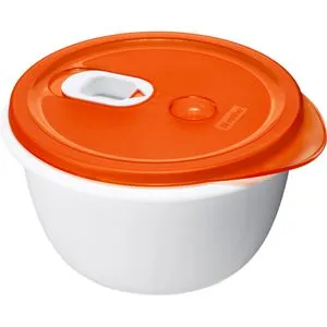 Rotho Mikrowellengeschirr Micro Clever weiß/rot aus Kunststoff, Dose rund, mit Dampfventil, auslaufsicher, 1,5 Liter