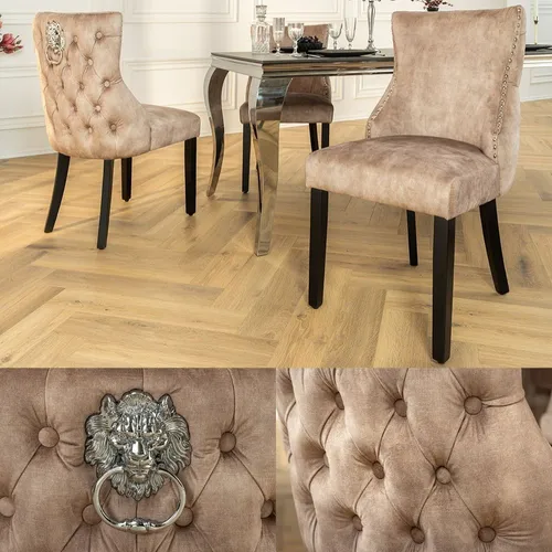 Edler Chesterfield Stuhl LEON in Beige mit Löwenkopf und Nieten