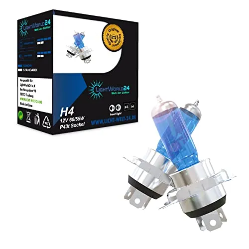 LIGHTWORLD24 Halogen H4 Scheinwerferlampe Birne 60/55W 12V Auto Lampe Abblendlicht Fernlicht Glühlampen Xenon Look Optik P43t Sockel