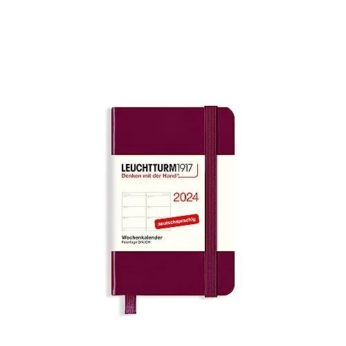 LEUCHTTURM1917 367645 Wochenkalender Mini (A7) 2024, Port Red, Deutsch, 12 Monate