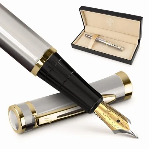 Wordsworth & Black Füllfederhalter-Set, 18K Vergoldete Feder Mittel, Enthält 24er Pack Tintenpatronen, Tinten-Konverter & Geschenkbox, Gold-Finish, Kalligraphie, [Silbergold], Perfekt für Alle