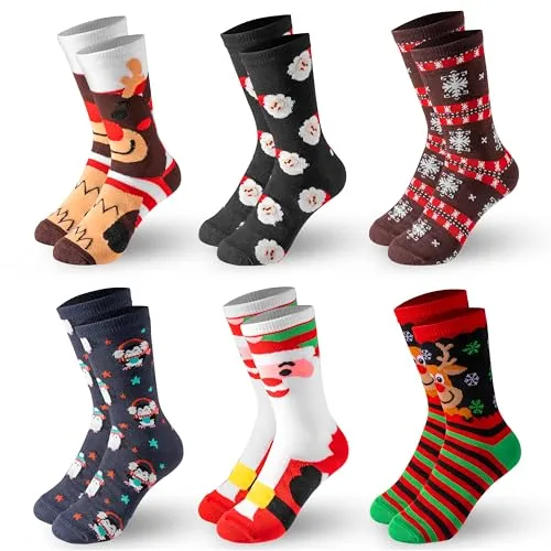 Giggling Getup 6 Stück Winter-Weihnachtssocken für Damen, warme, weiche Crew-Socken für Damen, Feiertage, Geburtstagsgeschenk, Weihnachtsfeiergeschenke für Weihnachten